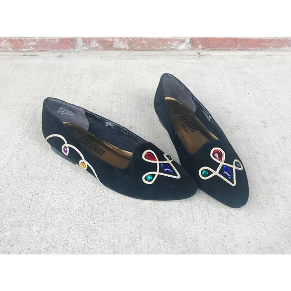 vintage 80s COLORFUL JEWELS black suede pointy FLATS unique avant garde rainbow - Picture 3 of 10